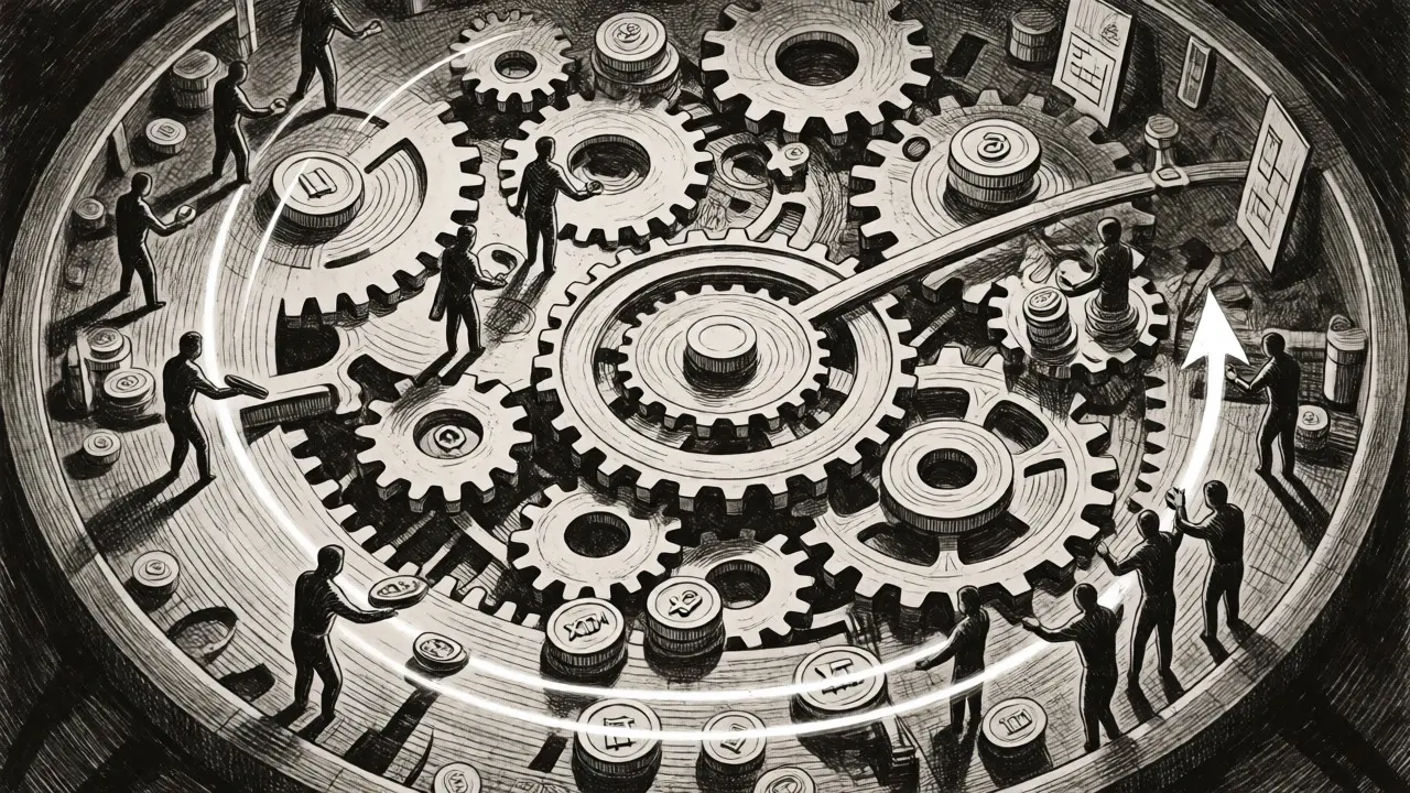 Clockwork mechanism showing users exchanging tokens and rewards