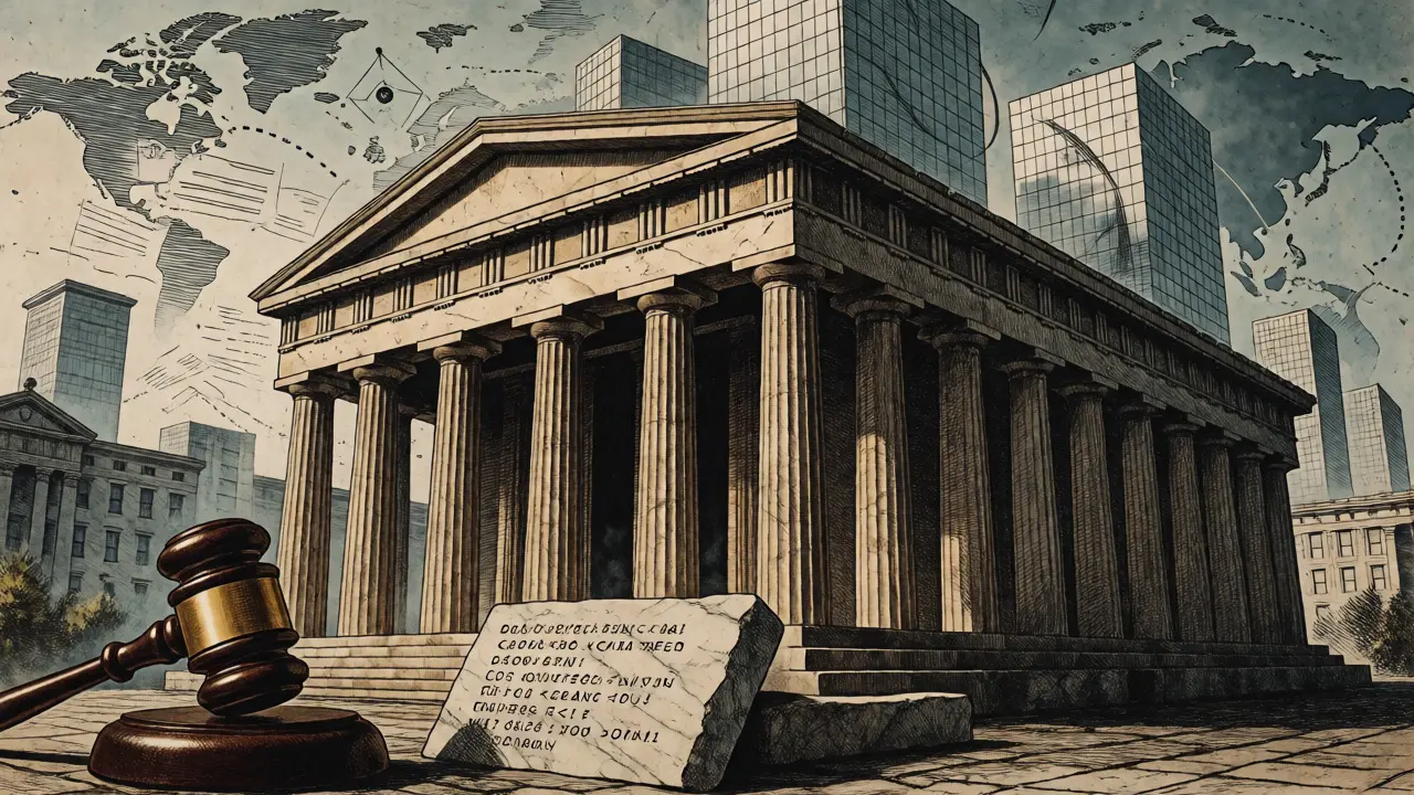 Conceptual art showing DAOs integrating with legal systems and traditional finance