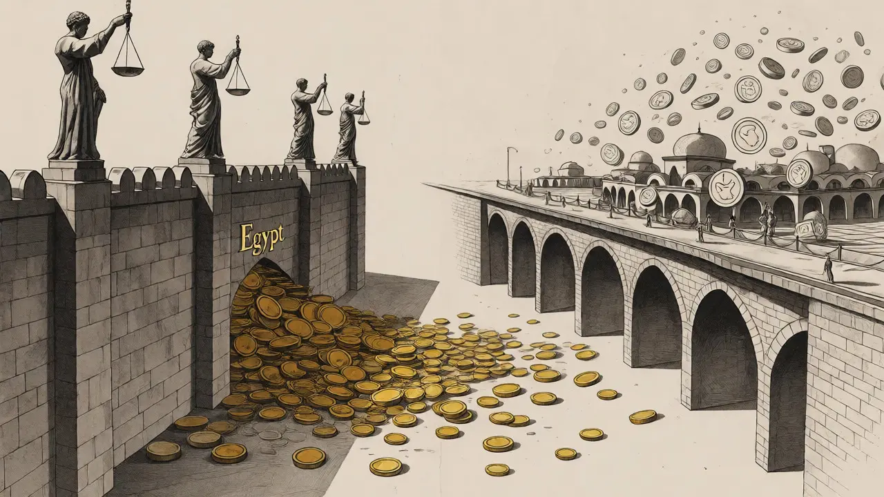 Conceptual etching contrasting Egypt's restrictive crypto policies with regional openness.