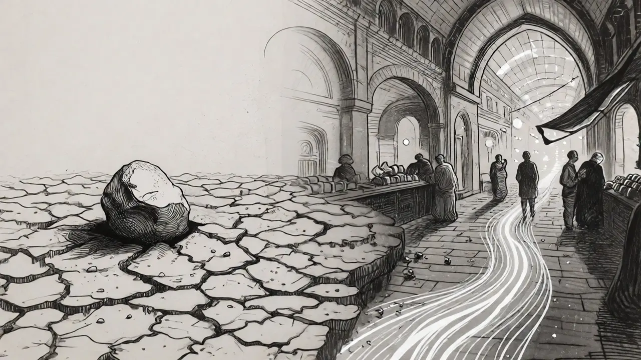 Contrast between barren stone and vibrant marketplace in etching art.