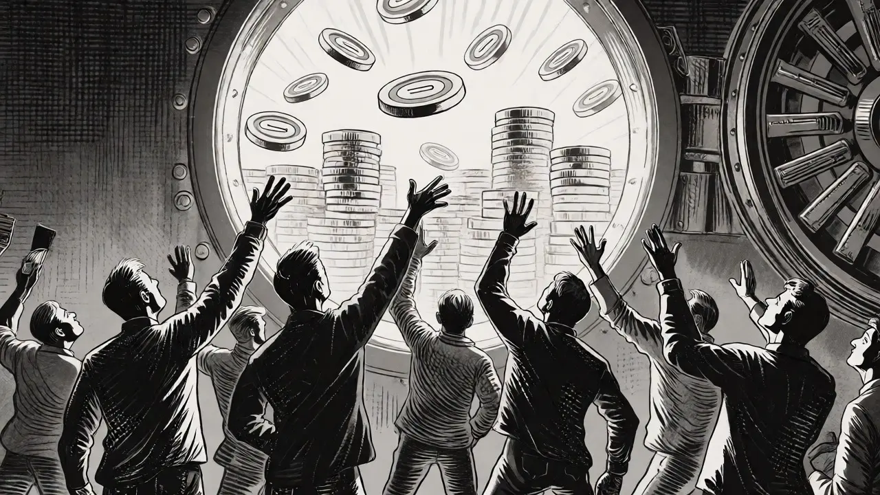 Crowd reaching for glowing vault containing crypto prizes