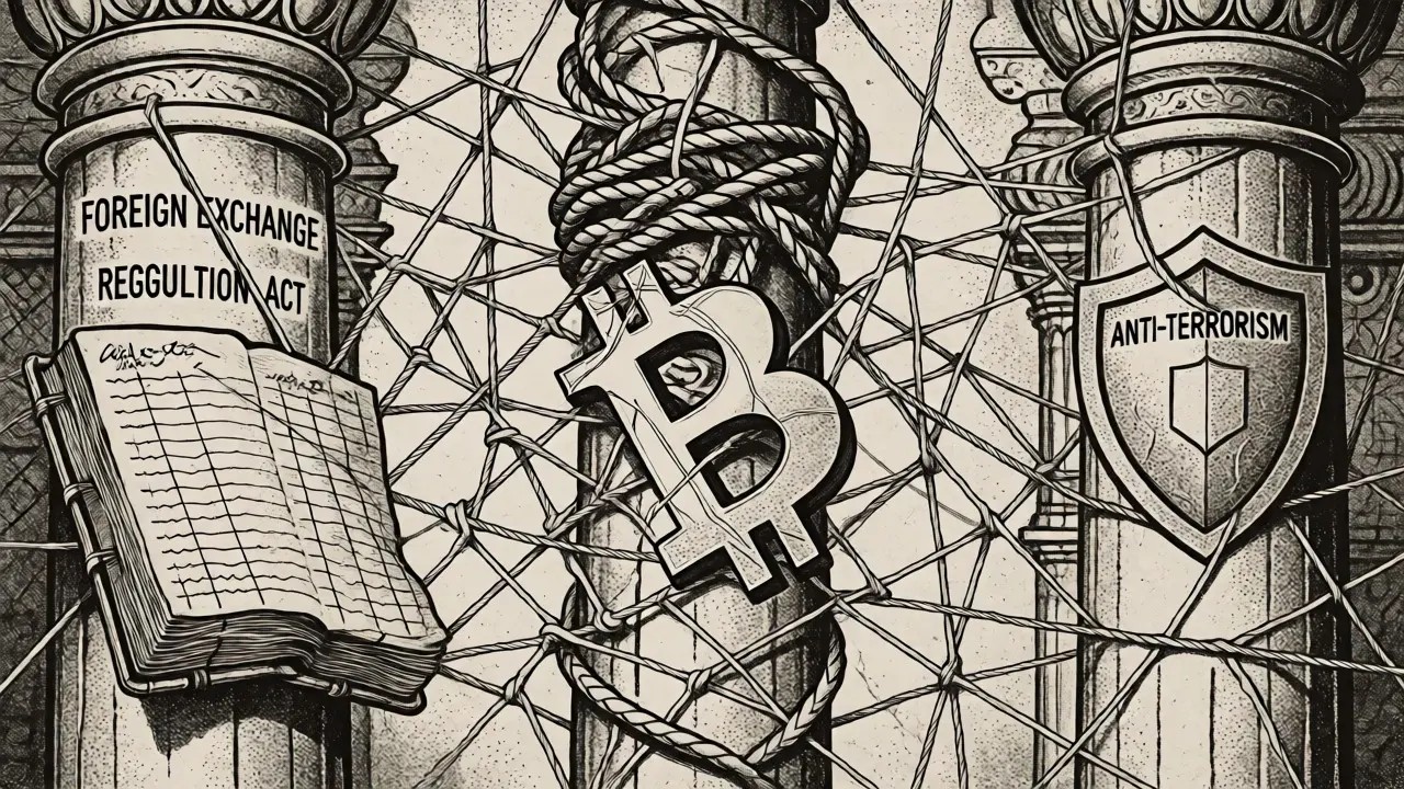 Crypto symbol trapped in a web of legal symbols in etching art.
