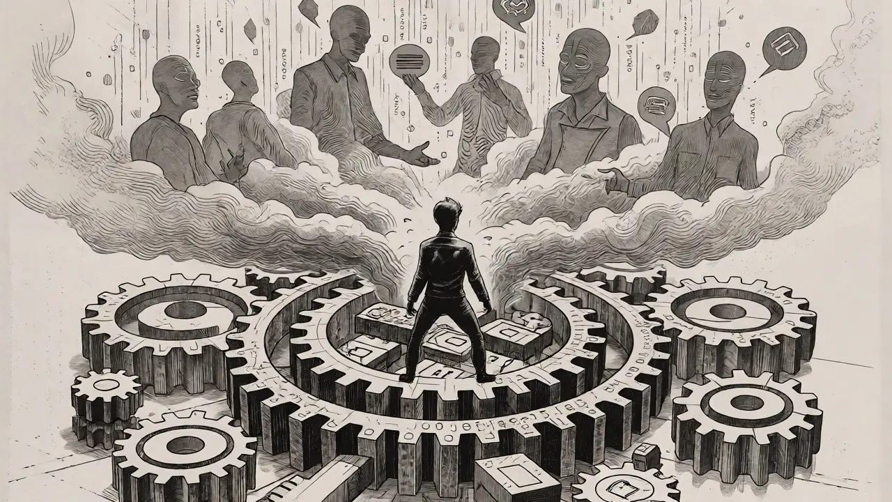 Detailed etching of XCAD tech stack with AI influencers emerging from blockchain gears.
