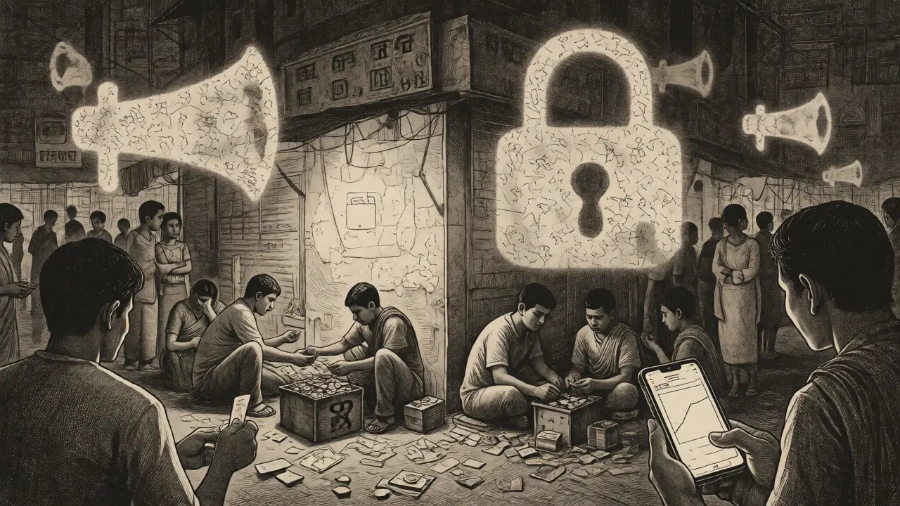 Discreet street-level crypto trades under looming surveillance in etching style.