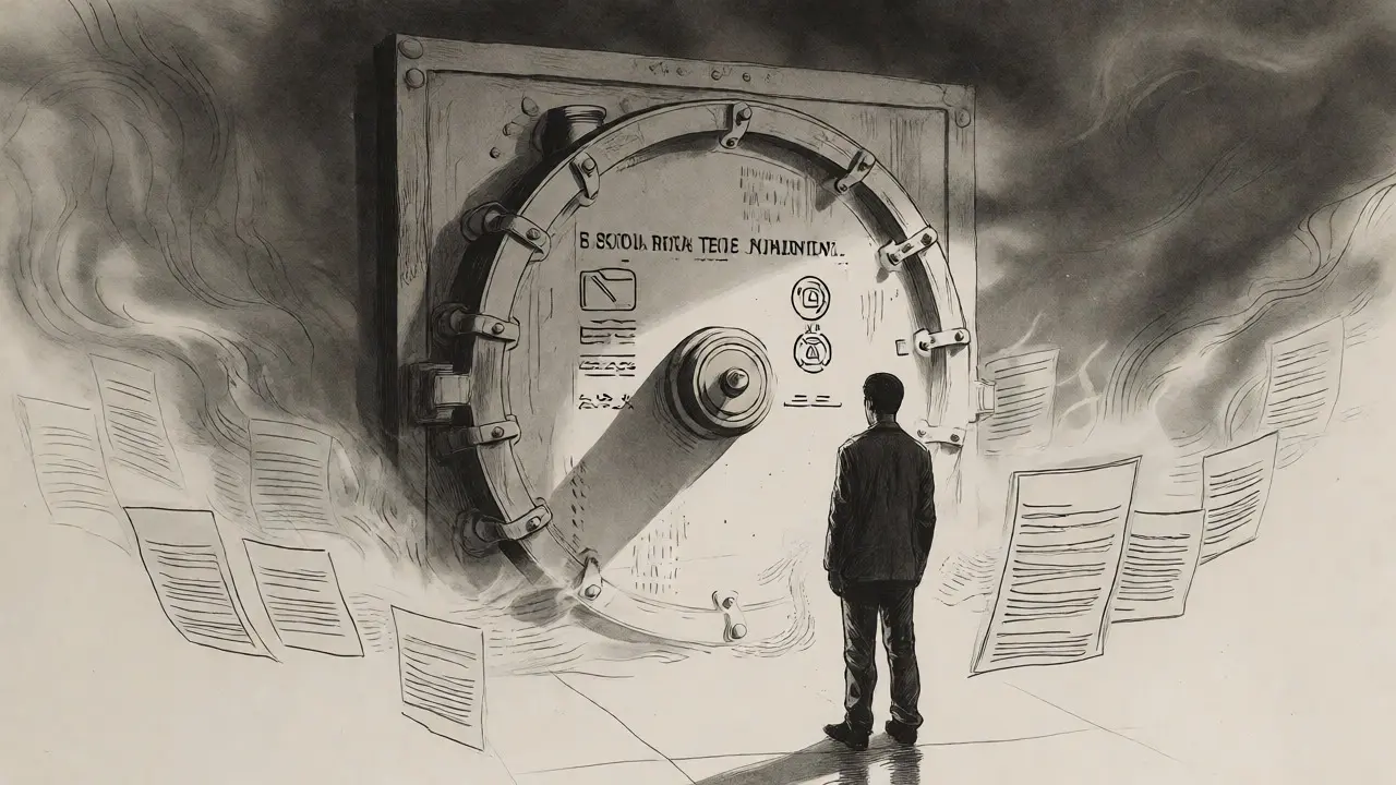 Etching artwork showing a person facing an unverified secure vault in crypto finance.