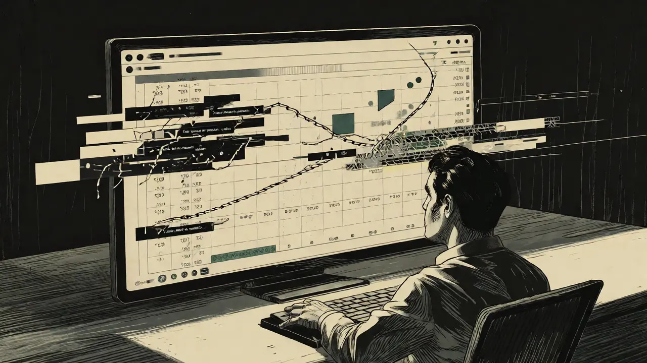 Etching drawing of a trader facing technical glitches on a digital dashboard.