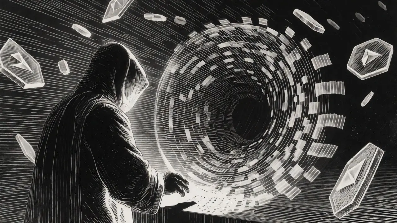 Etching illustration of a trader protected by ZK dark pool encryption against market noise.
