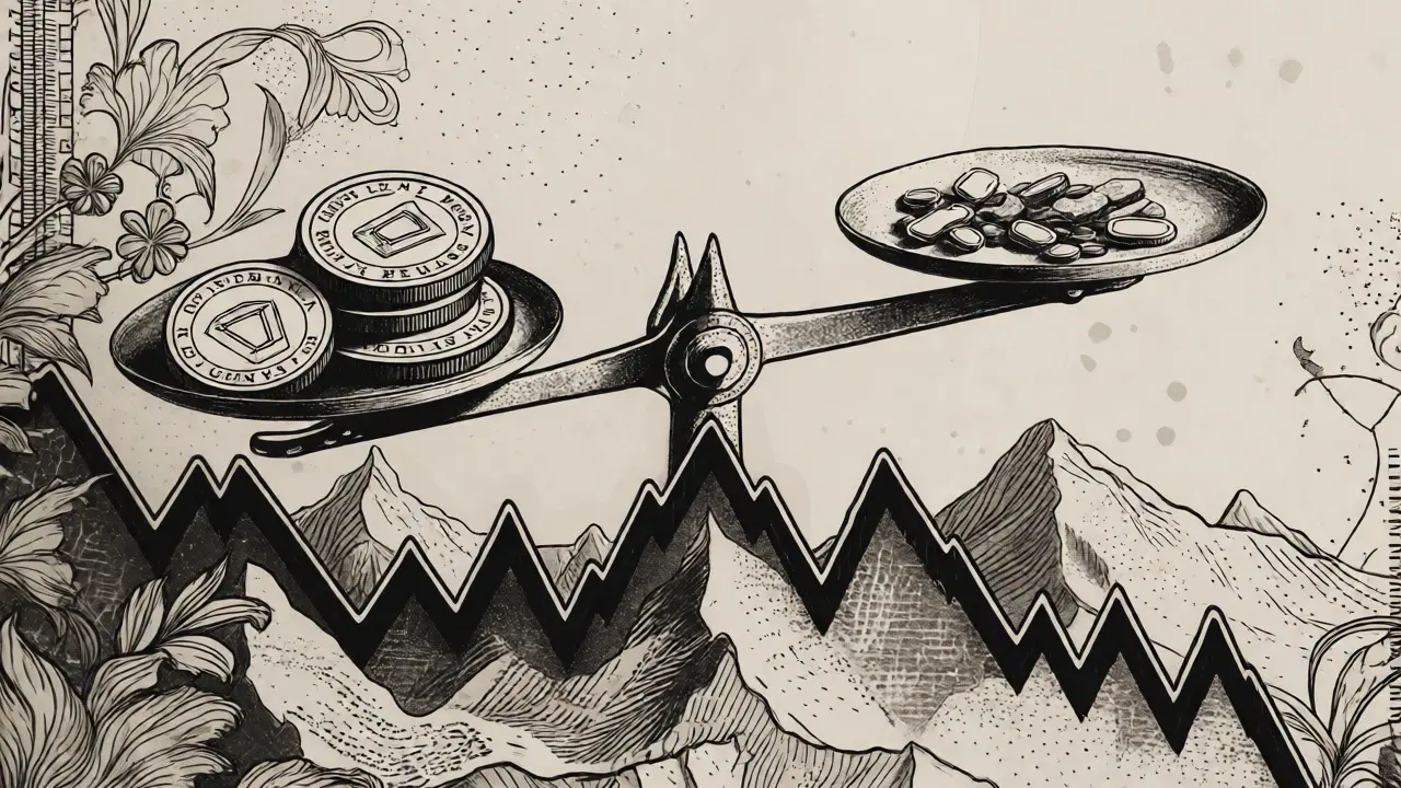 Etching of a balance scale showing LYNX governance tokens against a declining price trend.