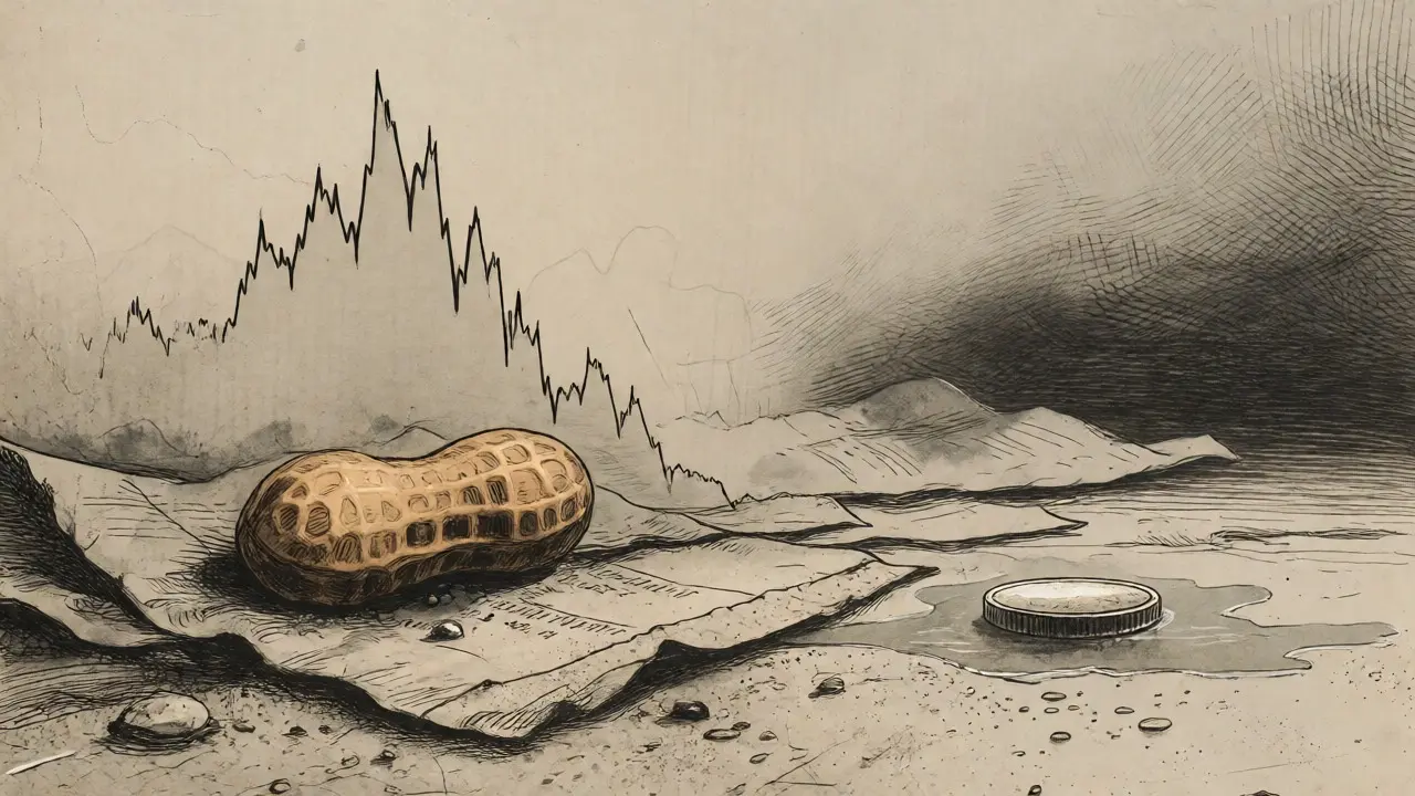 Etching of a fallen peanut and plummeting graph line in a desolate landscape.