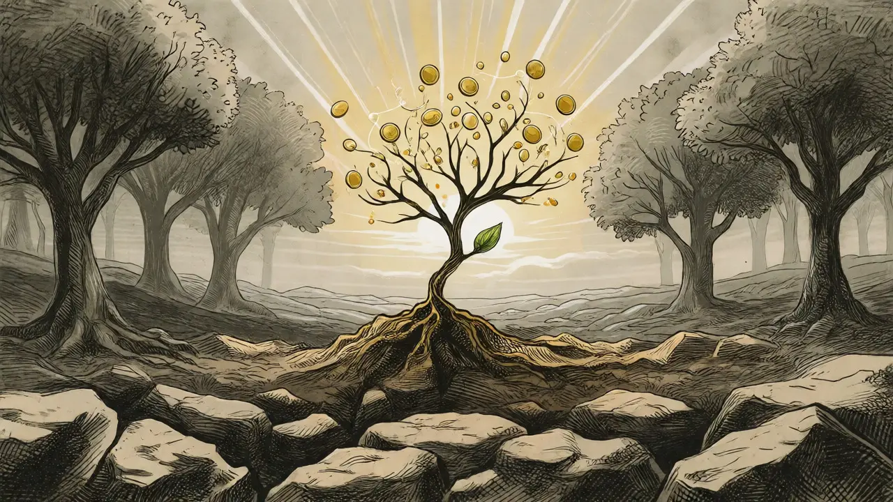 Etching of a fragile crypto sapling growing toward a bright future among competitor trees.