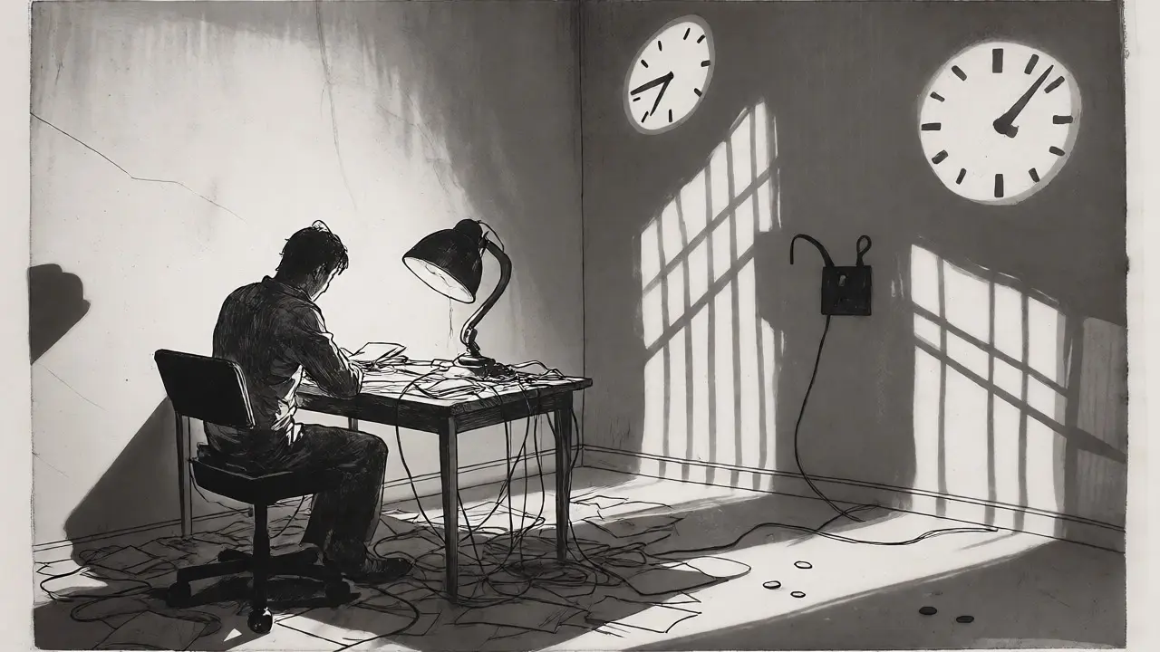 Etching of a frustrated user surrounded by tangled wires and dim light, symbolizing stuck funds.