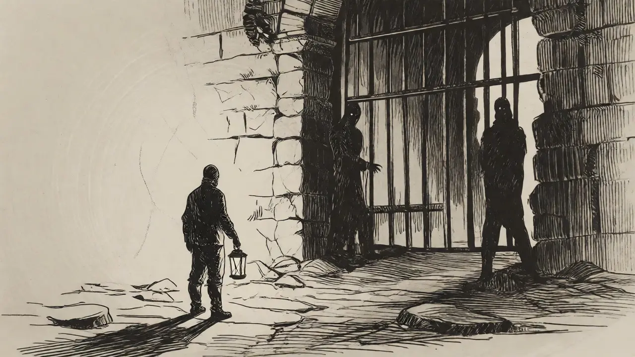 Etching of a person facing a cracked stone gate in shadows