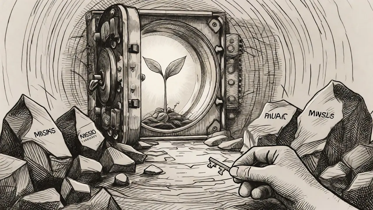 Etching of a secure vault with a glowing plant emerging, surrounded by jagged rocks.