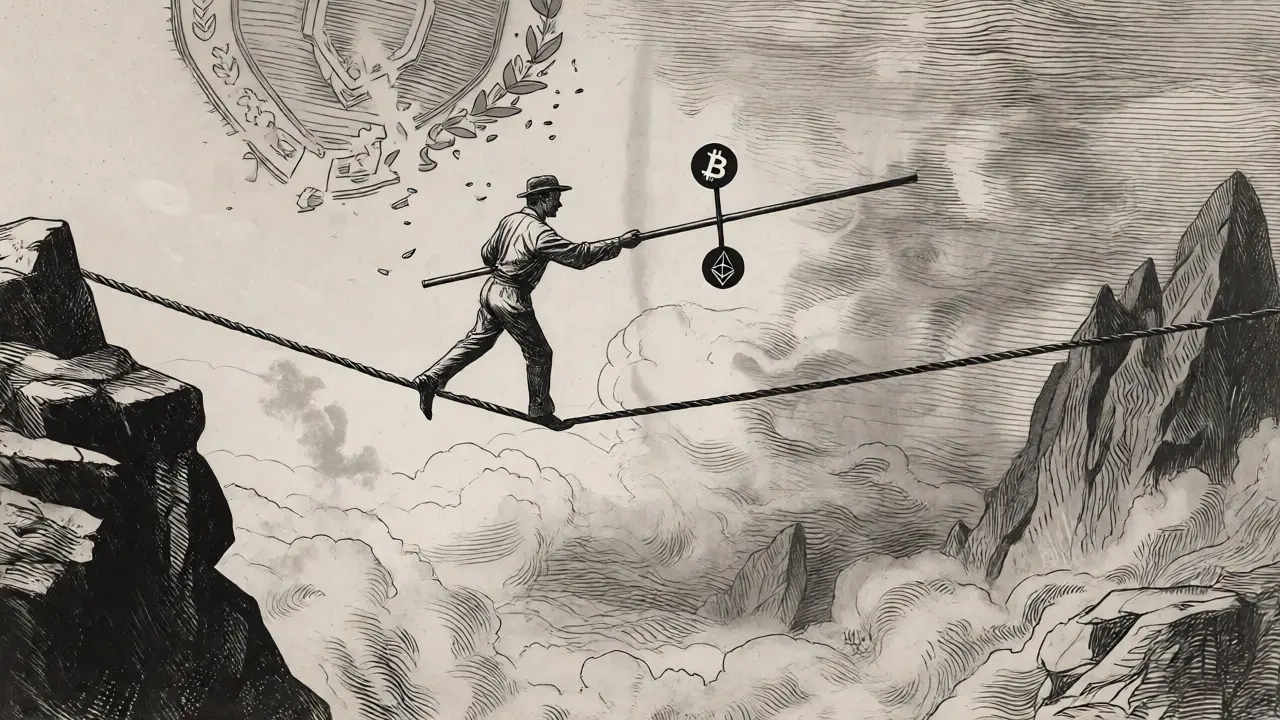 Etching of a tightrope walker balancing crypto assets over a dangerous abyss without safety nets.