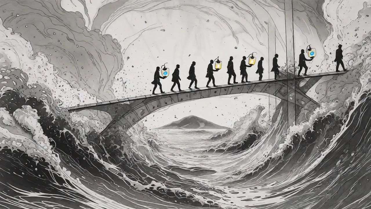 Etching of people crossing a fragile bridge over turbulent waters.