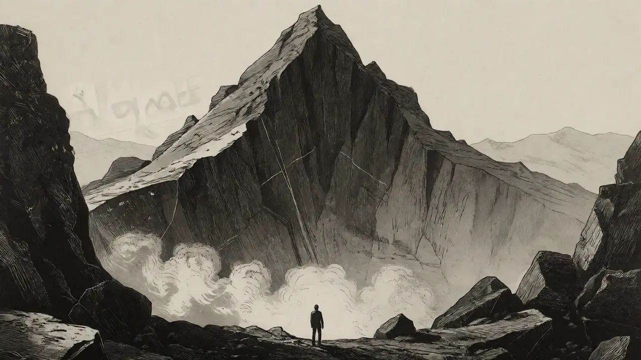 Etching showing a figure at the bottom of a cliff representing price crash.