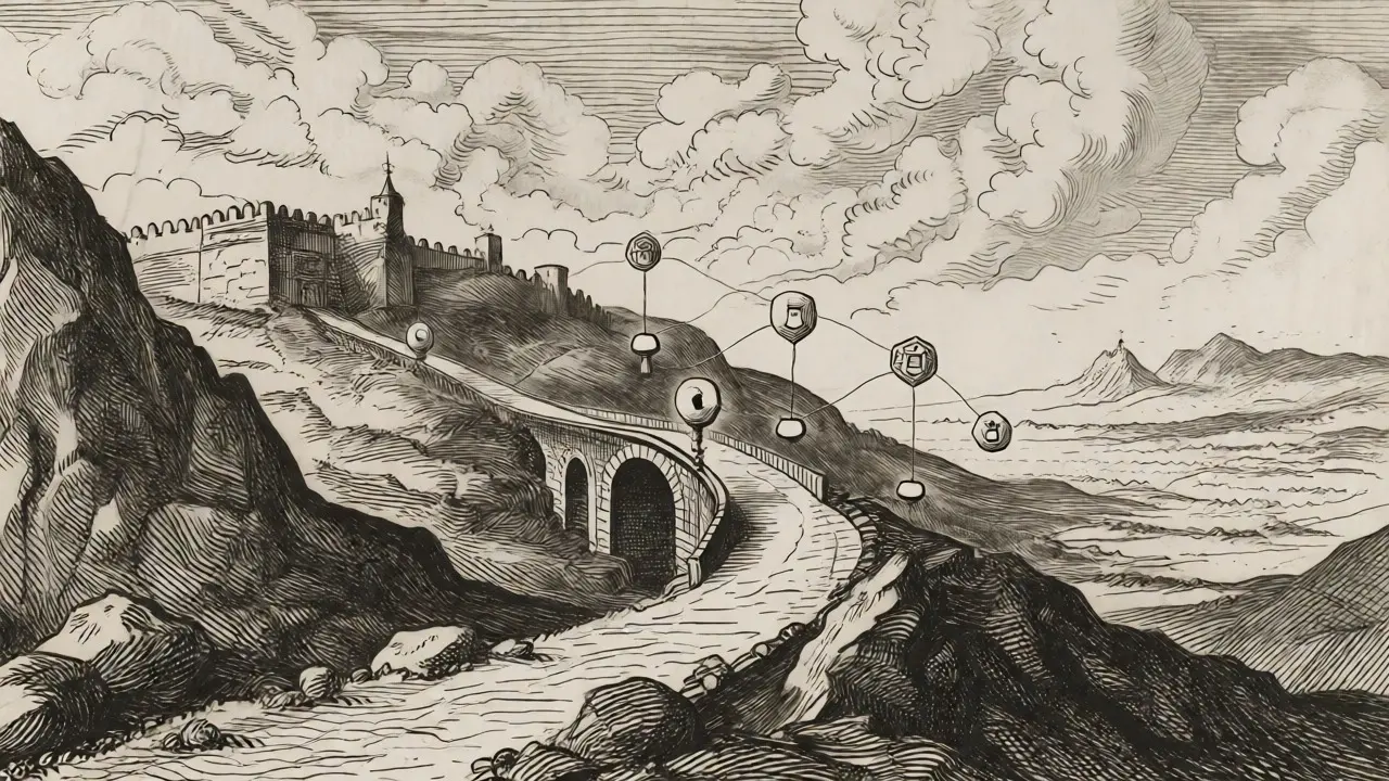 Etching showing a path from restricted city to open DeFi landscape