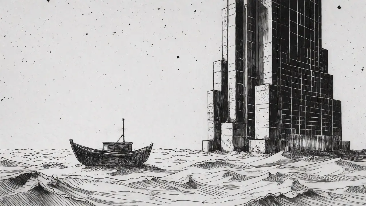 Etching showing a tiny boat next to a massive skyscraper