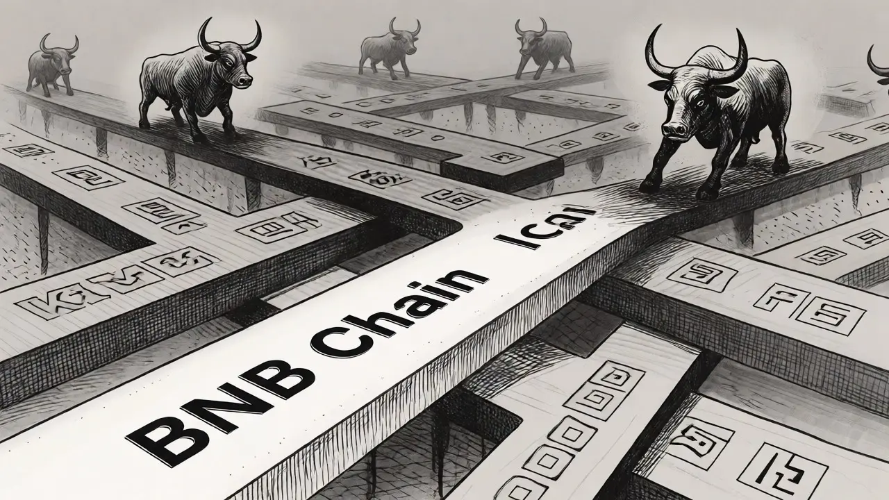Etching showing diverging paths illustrating the identity crisis of crypto tickers.