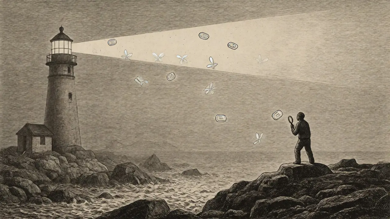 Figure using a magnifying glass to inspect floating tokens under a lighthouse beam.