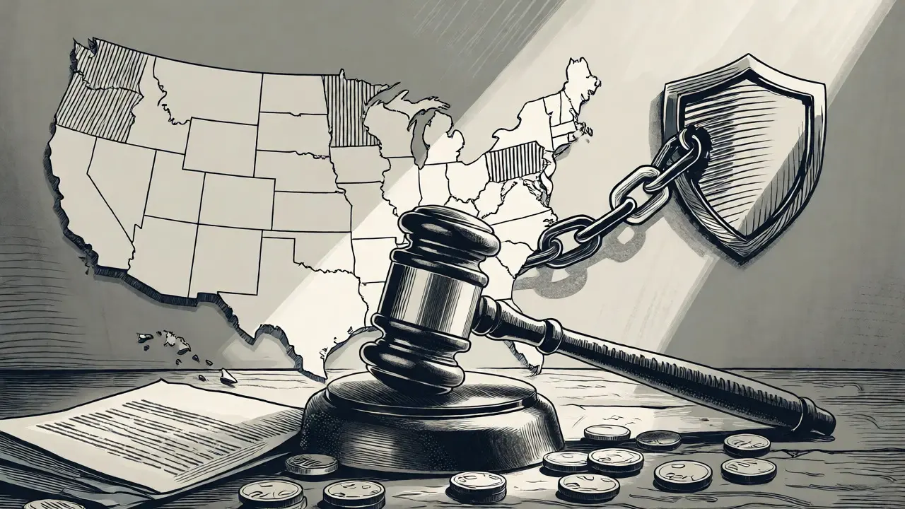 Gavel and US map symbolizing new regulations for crypto ATMs.