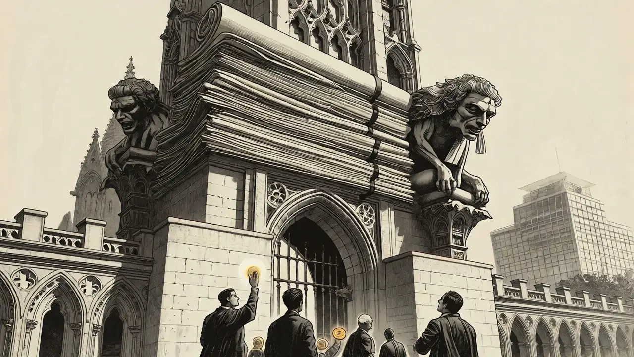 Gothic fortress of legal documents guarding against small crypto entrepreneurs.