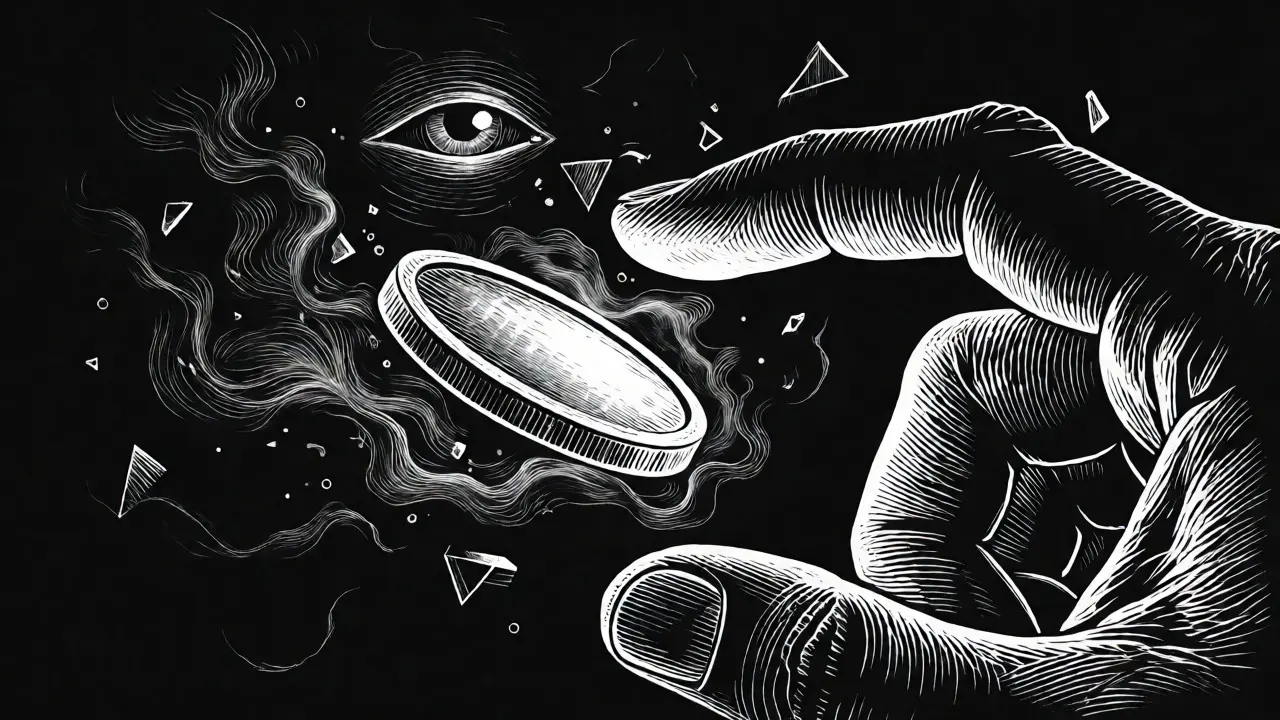 Hand reaching for a mysterious coin surrounded by mist and jagged shapes.