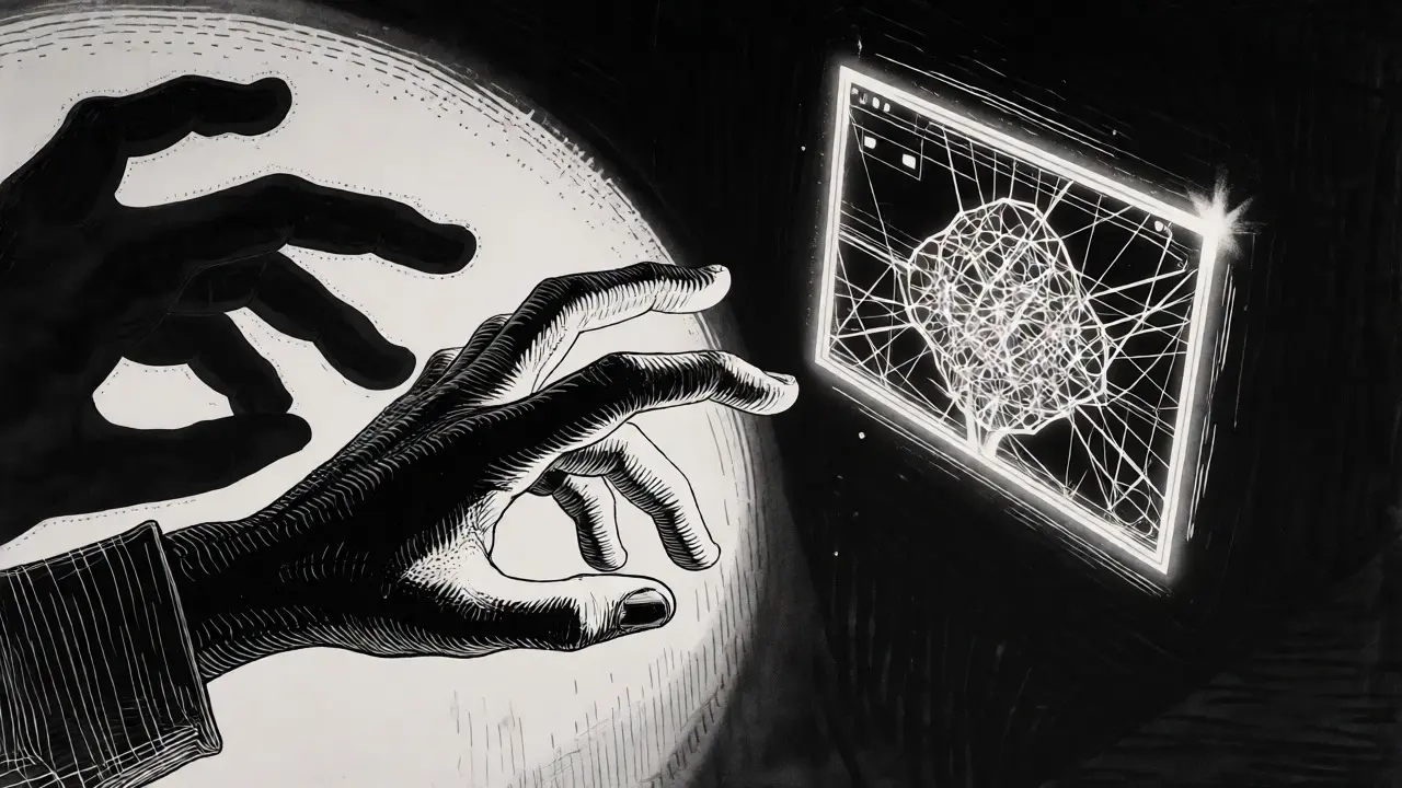 Hand reaching for a tangled smart contract trap in etching style.