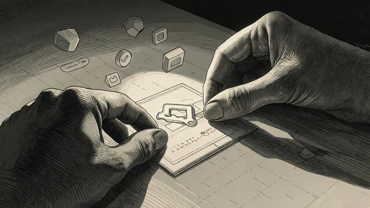 Hands connecting a wallet to a glowing token in etching style