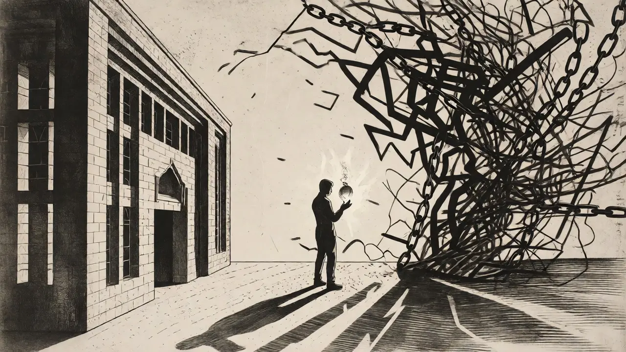 Illustration of a person trapped between regulatory walls and sanctions