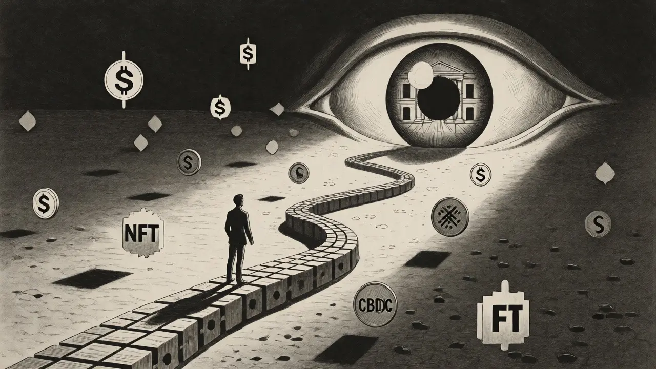 Investor on a blockchain path observed by a large architectural eye symbolizing oversight.