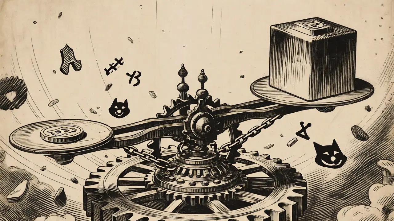 Massive mechanical scale balancing a small coin against a huge weight in detailed etching.