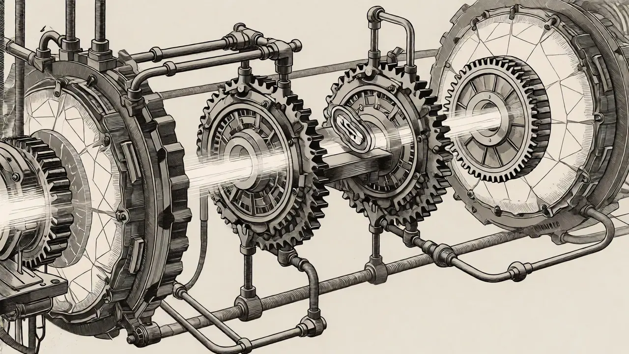 Mechanical gears and pipes bridging two blockchain structures for asset transfer