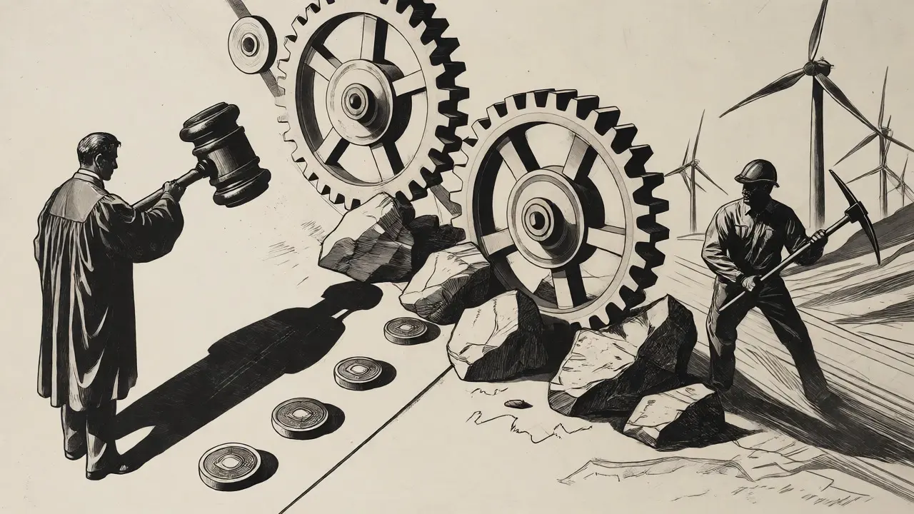 Mechanical gears jammed by rocks, symbolizing federal-state regulatory friction.