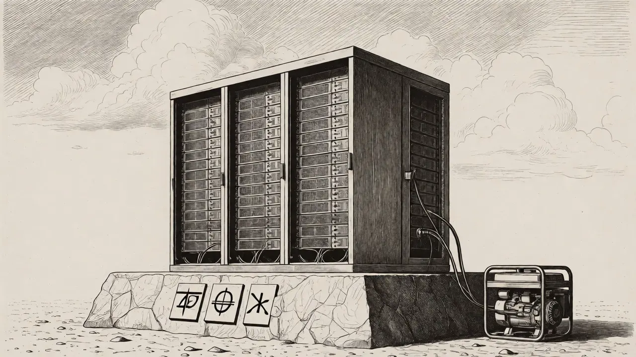 Modern server rack on a stone foundation with a generator, symbolizing regulated mining, etching.