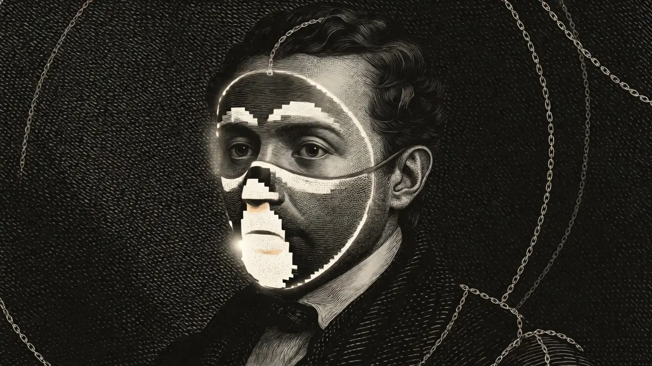 Person wearing an AR NFT face filter illustrated in detailed etching