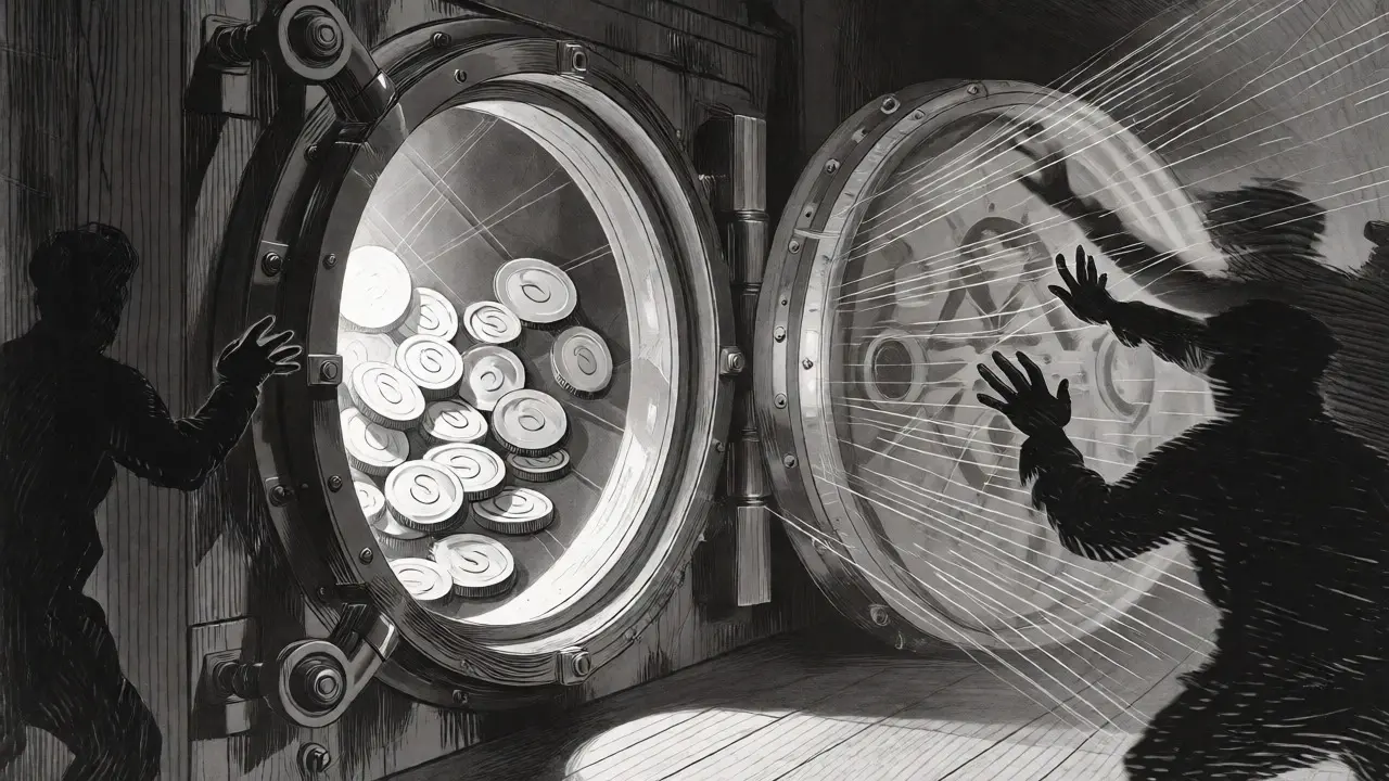 Secure vault containing MPAD tokens guarded from shadowy figures