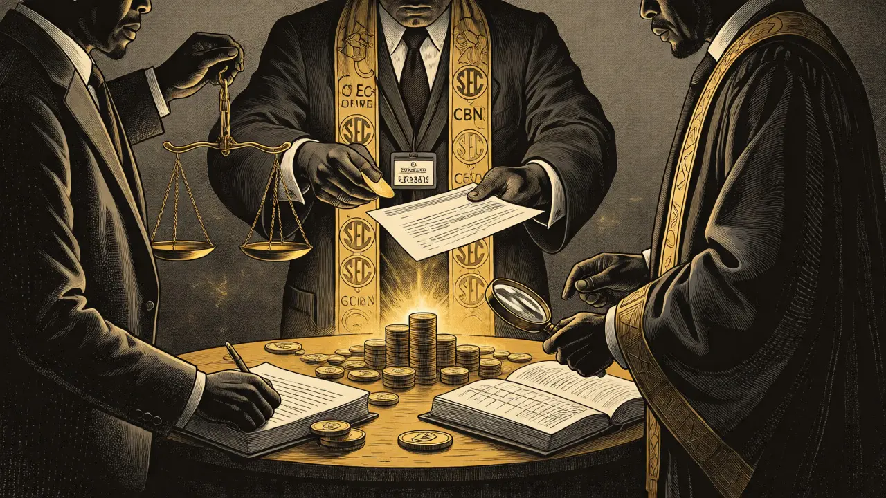 Silhouettes of SEC, CBN, and EFCC regulators surrounding a crypto mining desk, etching art.
