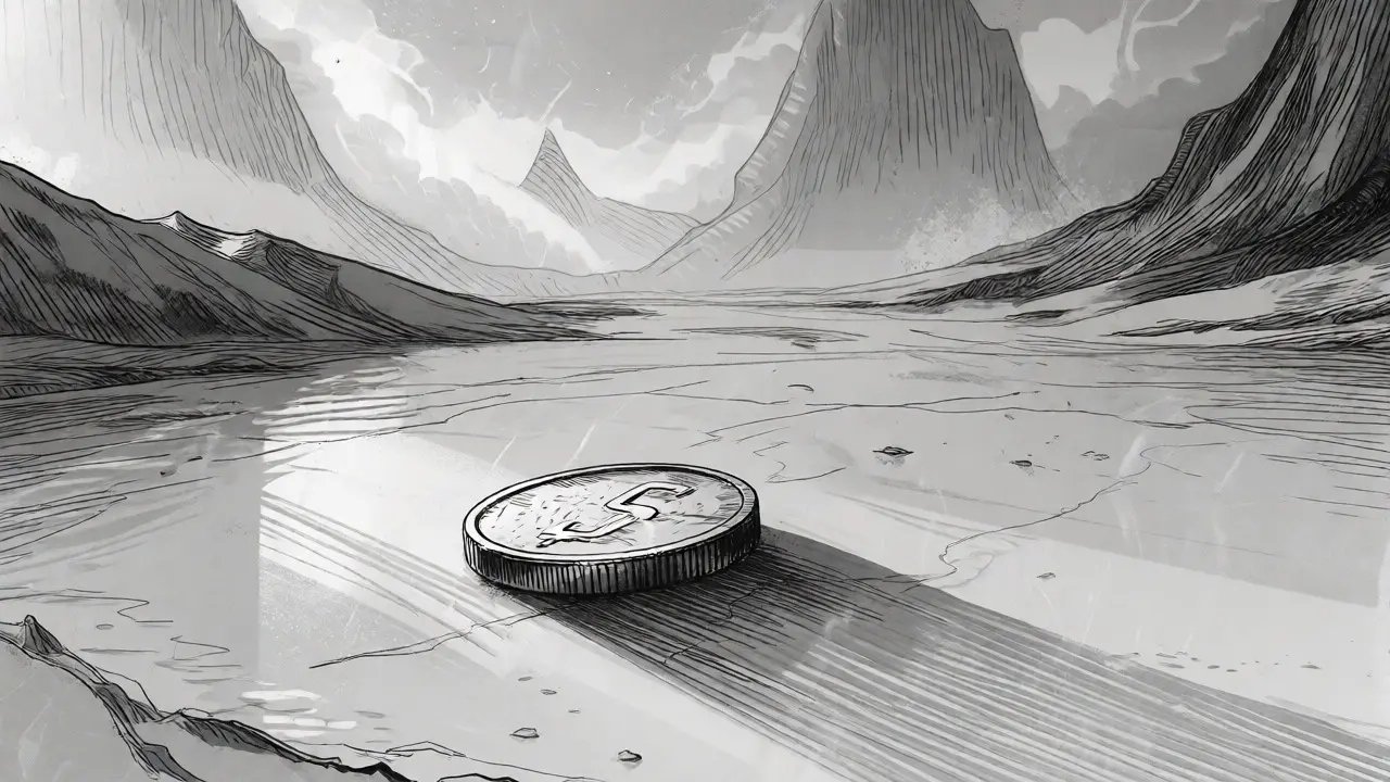 Small coin on a vast barren plain dwarfed by distant structures.