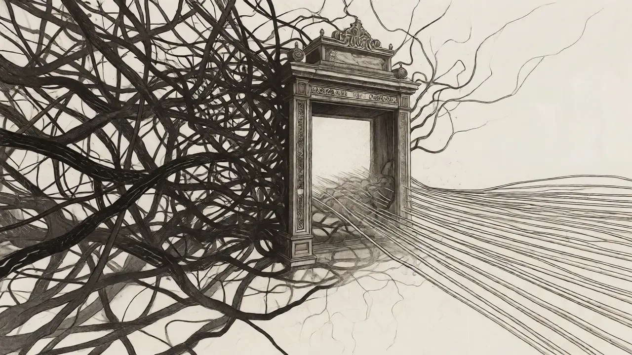 Tangled vines transitioning through a gateway into orderly strands.