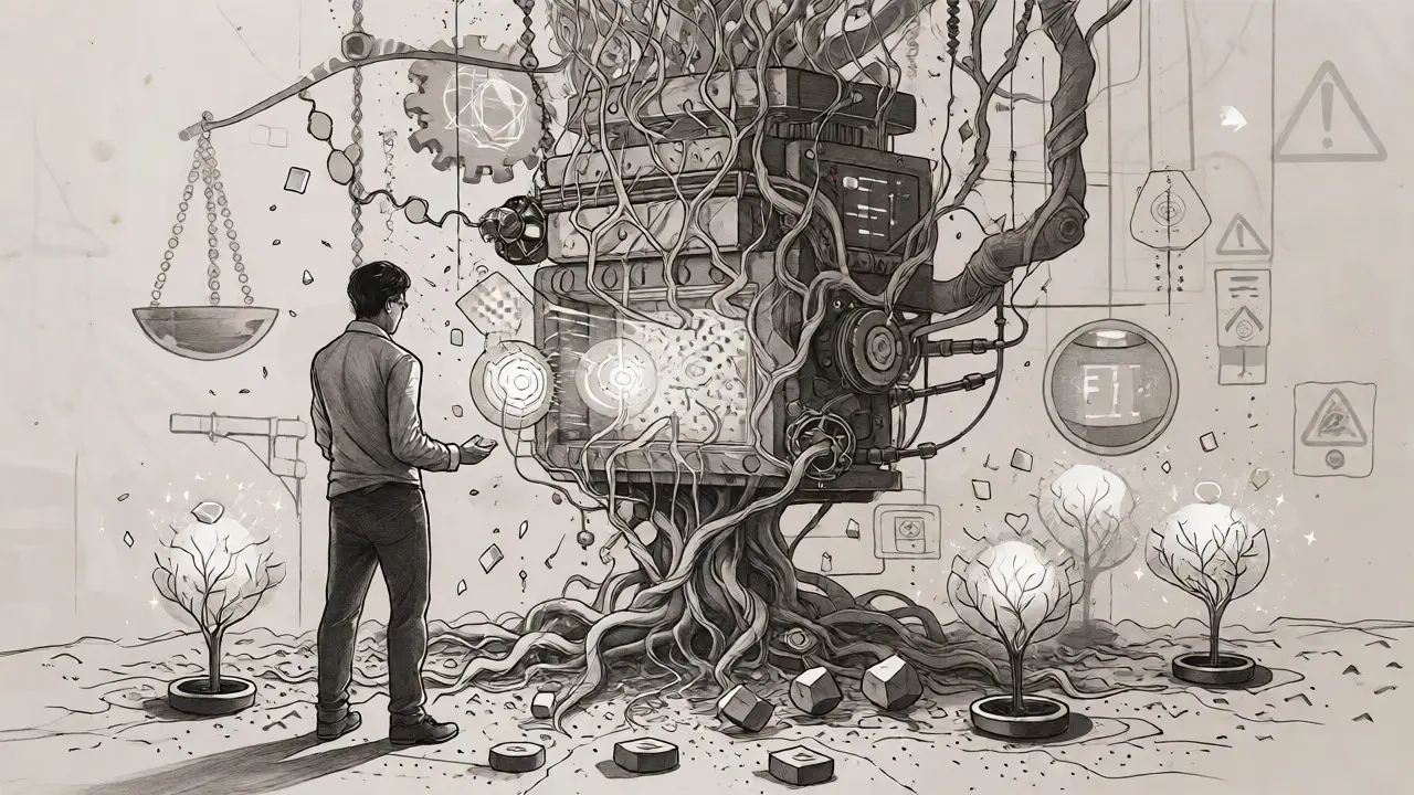 Trader operating machine blending nature and tech mechanics