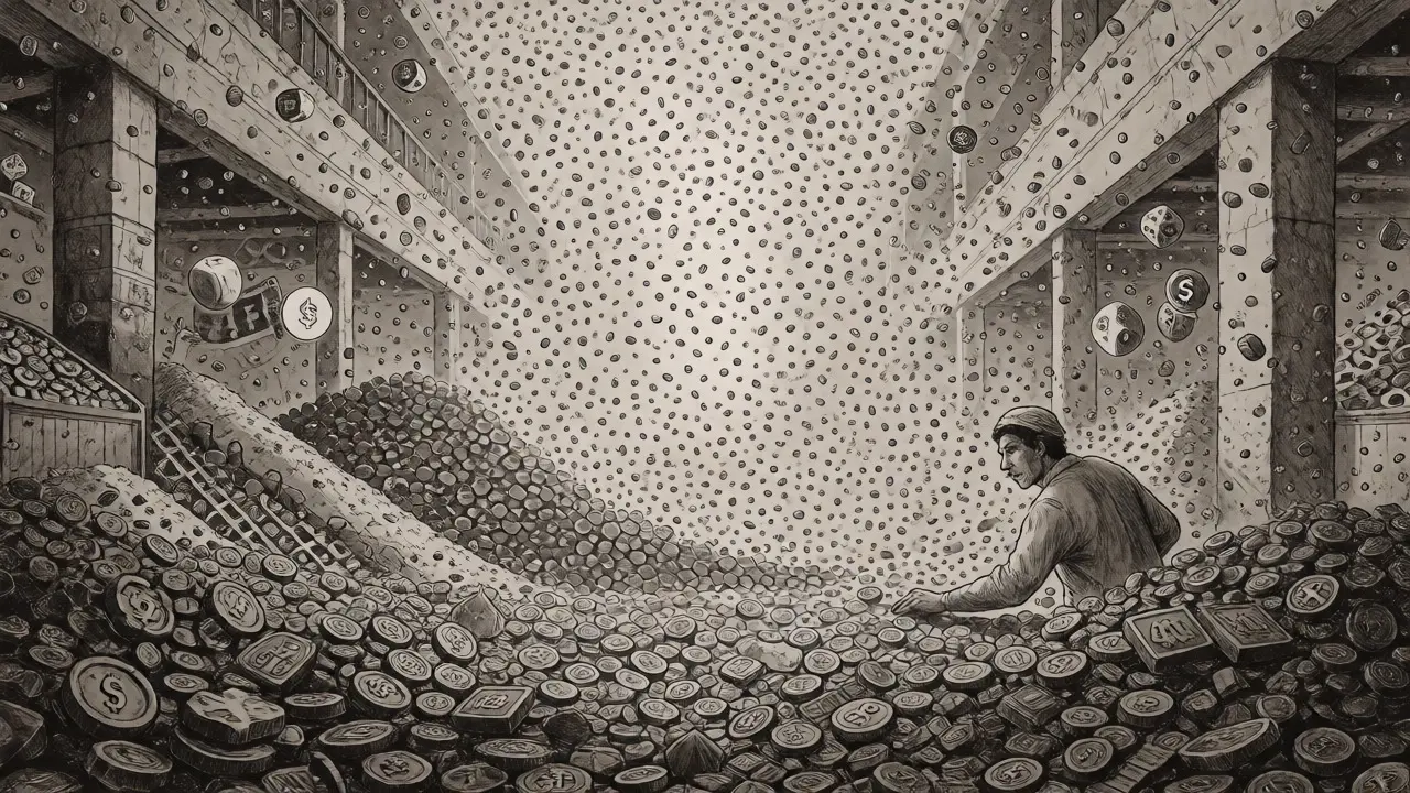 Trader sifting through floating altcoins in a chaotic, gamified crypto bazaar etching.