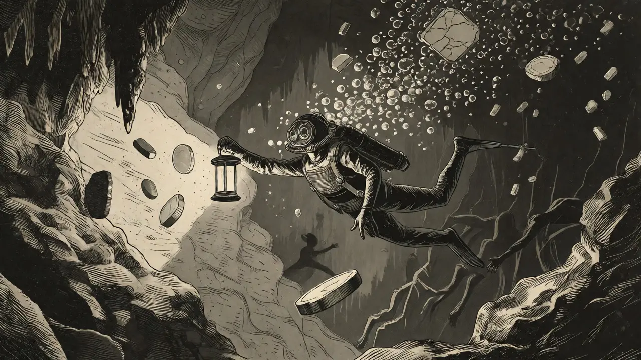 Underwater etching of a diver observing dissolving token-like shapes in a cave.